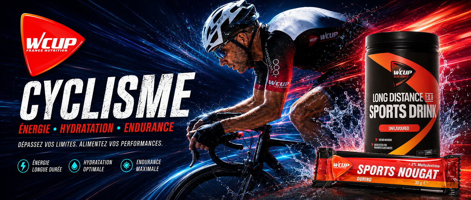 Cyclisme WCUP FRANCE NUTRITION SPORTIVE ENERGY HYDRATATION ENERGETIQUE PROTEINE ELECTROLYTE