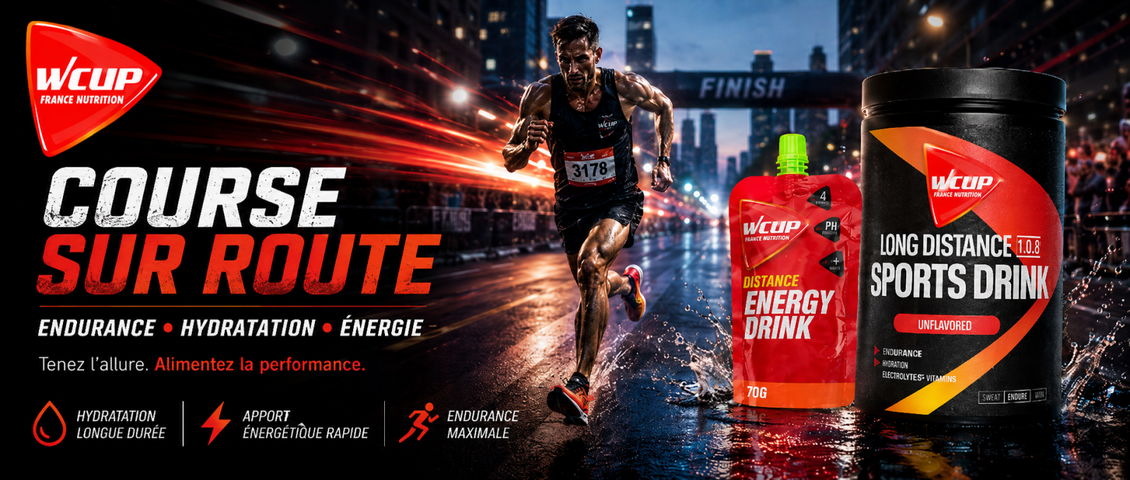 course sur route WCUP FRANCE NUTRITION SPORTIVE ENERGY HYDRATATION ENERGETIQUE PROTEINE ELECTROLYTE