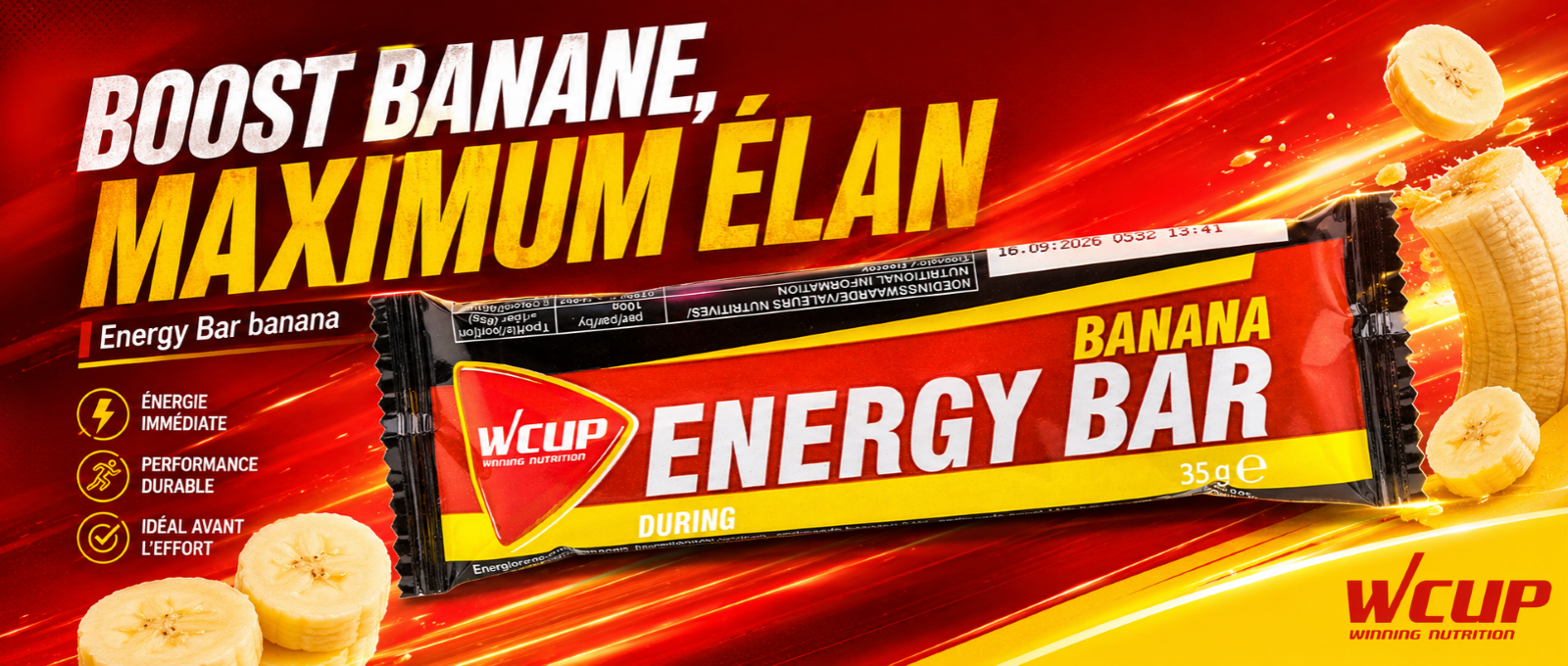 Energy Bar Banane WCUP FRANCE NUTRITION SPORTIVE ENERGY HYDRATATION ENERGETIQUE PROTEINE ELECTROLYTE