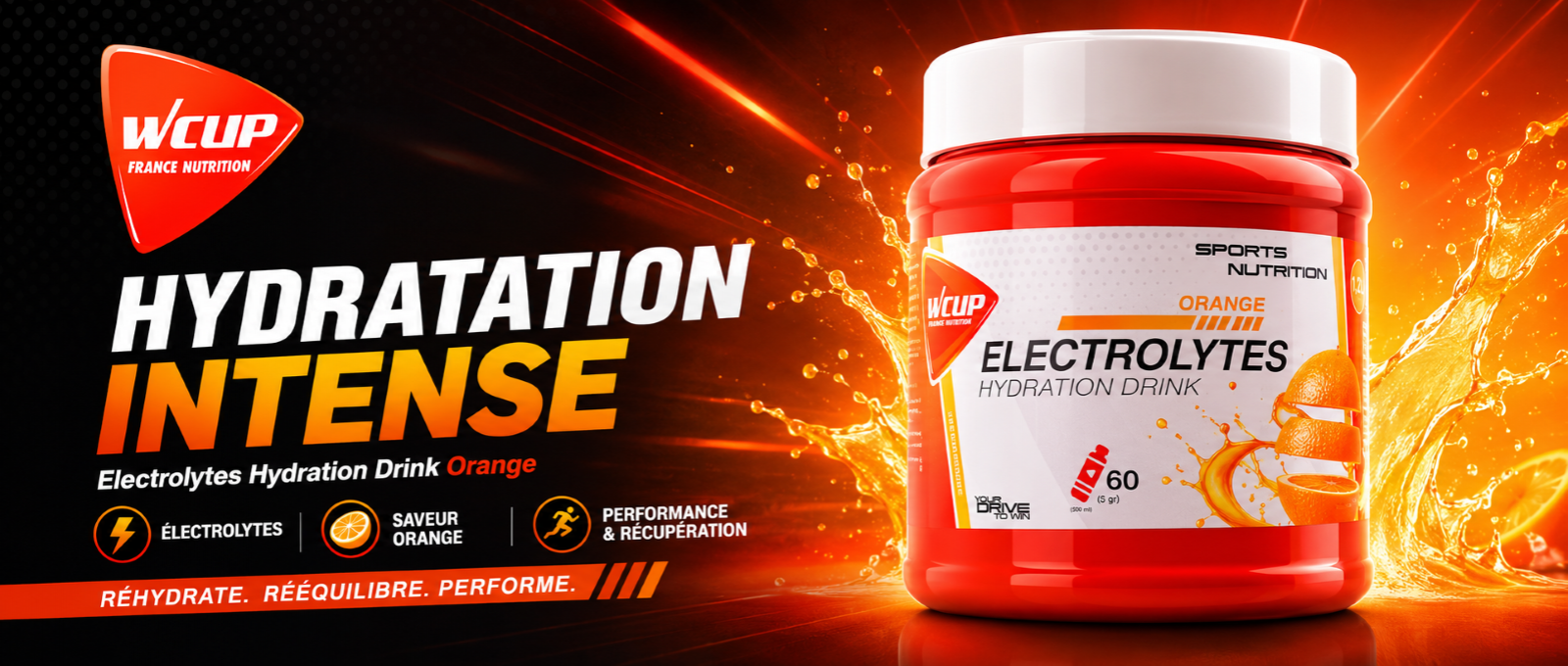 Electrolytes 300g orange WCUP FRANCE NUTRITION SPORTIVE ENERGY HYDRATATION ENERGETIQUE PROTEINE ELECTROLYTE
