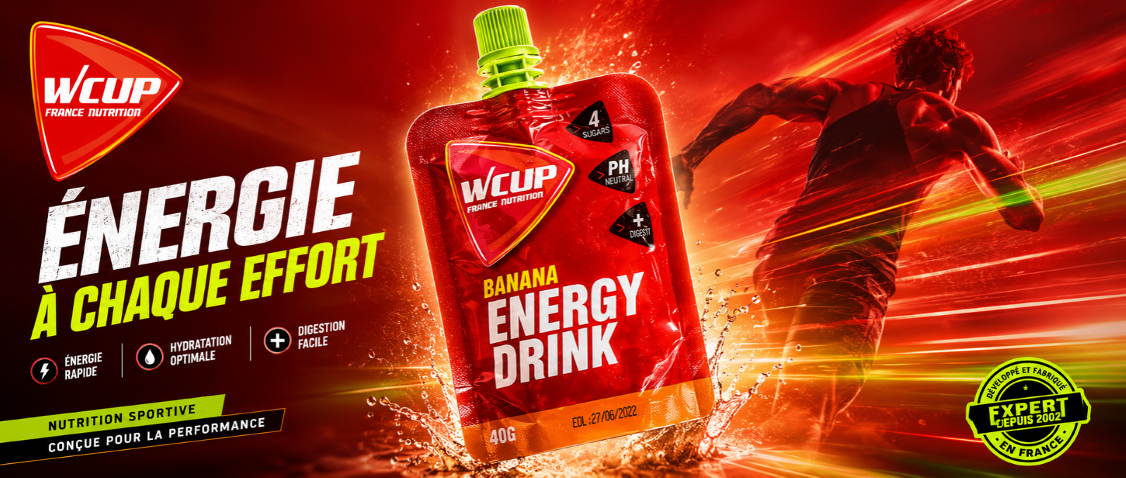 Energy drink banane WCUP FRANCE NUTRITION SPORTIVE ENERGY HYDRATATION ENERGETIQUE PROTEINE ELECTROLYTE